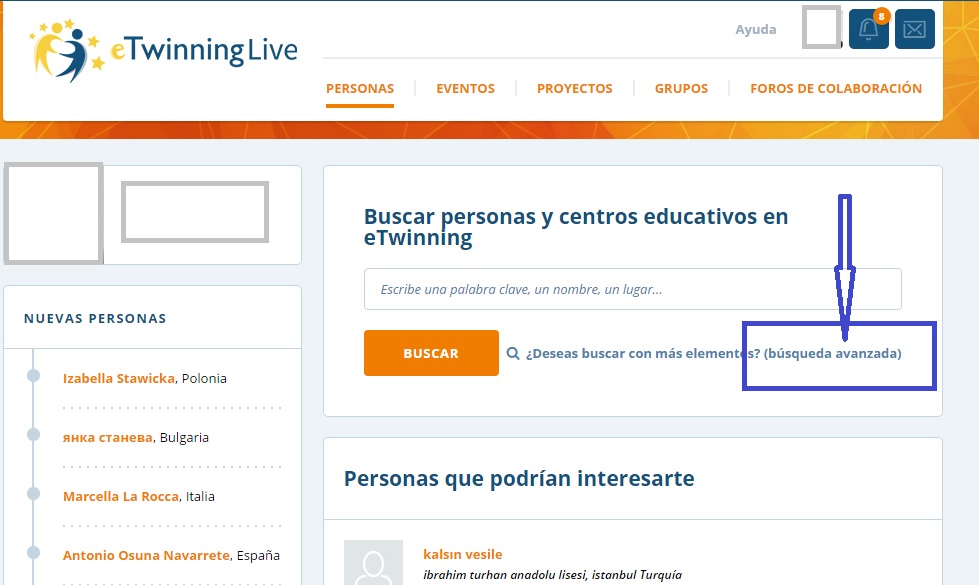 captura pantalla eTwinning Live botón buscador avanzado personas