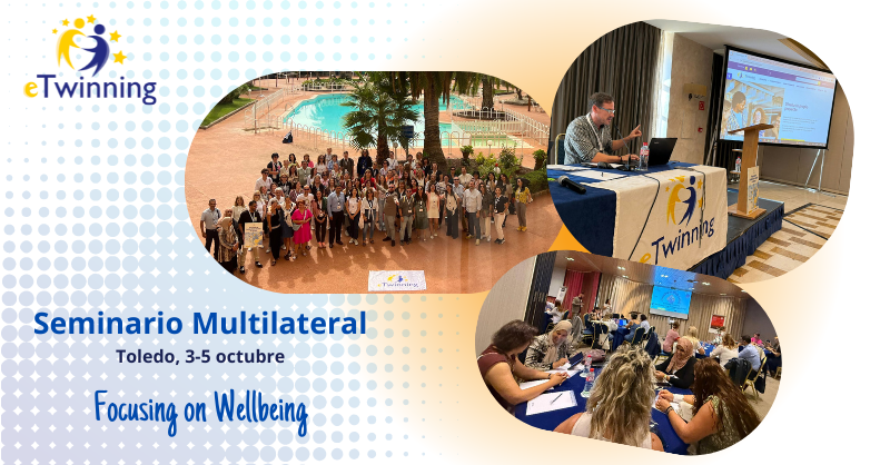 Cartel con tres imágenes del evento: personas trabajando, y foto de grupo
