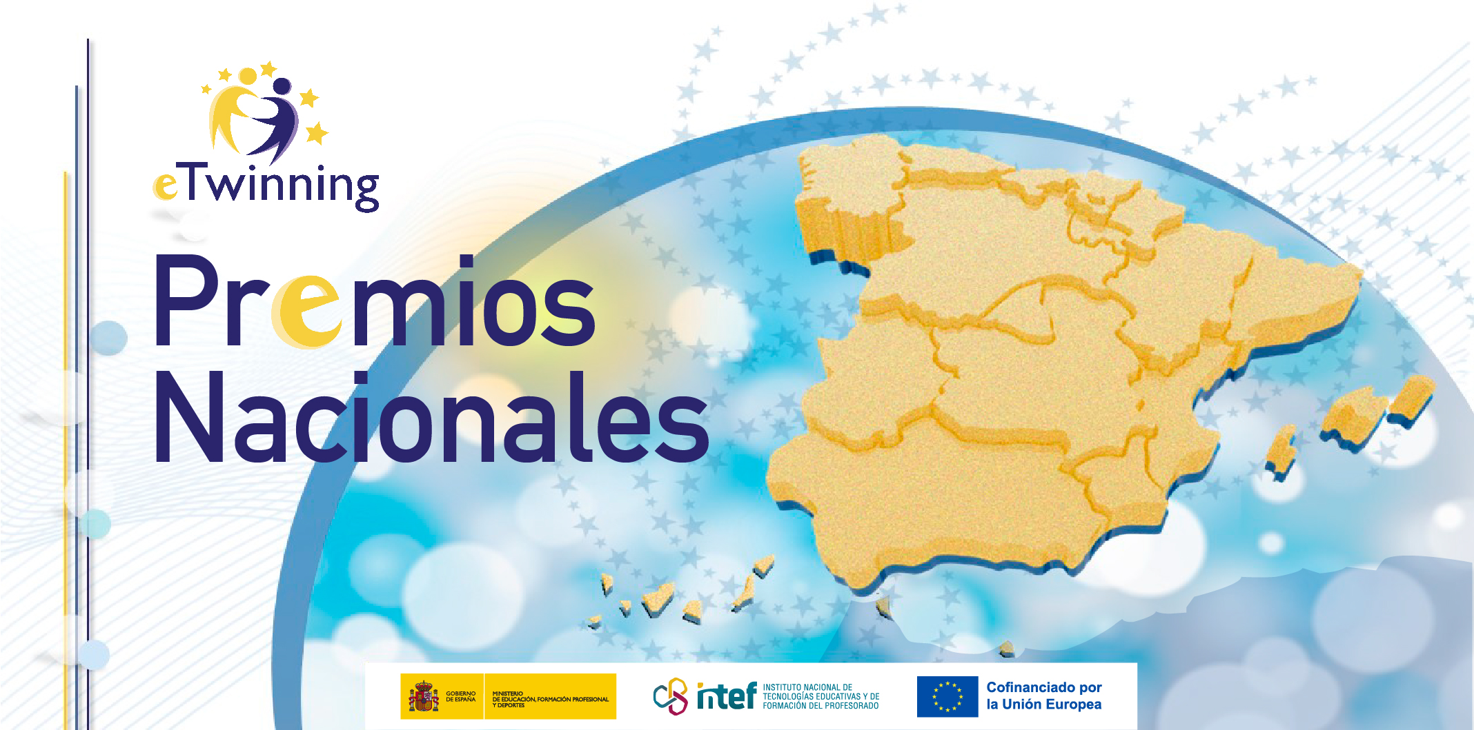 Imagen decorativa Premios Nacionales, globo terráqueo azul, y mapa de España amarillo, con estrellas