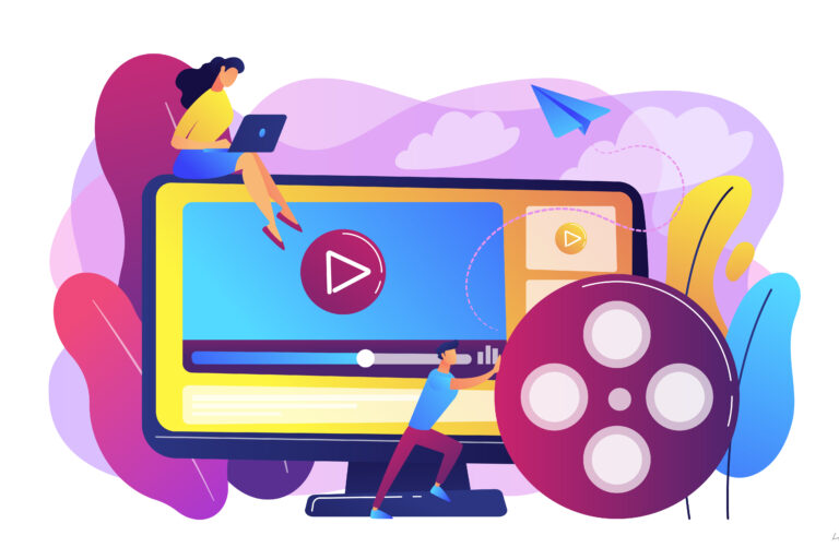 Ilustración personajes en un ordenador, icono de edición de video